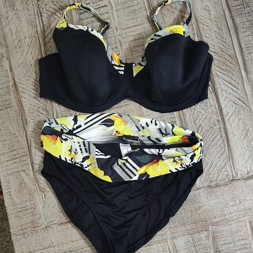 Fantasie Black and Yellow Bikini with Floral Accents Top Is 36I Bottom Is Large.